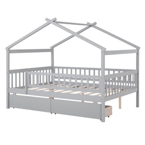 HomeRoots Gray Wood Full Canopy Bed Frame with Under-Bed Drawers for Modern Style and Smart Storage Solutions 602051