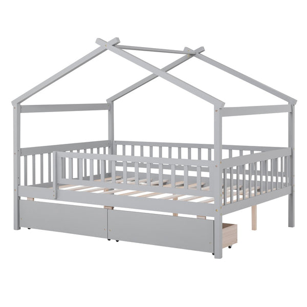 HomeRoots Gray Wood Full Canopy Bed Frame with Under-Bed Drawers for Modern Style and Smart Storage Solutions 602051
