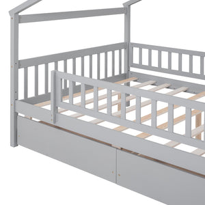 HomeRoots Gray Wood Full Canopy Bed Frame with Under-Bed Drawers for Modern Style and Smart Storage Solutions 602051