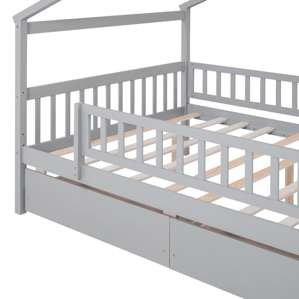 HomeRoots Gray Wood Full Canopy Bed Frame with Under-Bed Drawers for Modern Style and Smart Storage Solutions 602051
