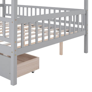 HomeRoots Gray Wood Full Canopy Bed Frame with Under-Bed Drawers for Modern Style and Smart Storage Solutions 602051
