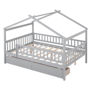 HomeRoots Gray Wood Full Canopy Bed Frame with Under-Bed Drawers for Modern Style and Smart Storage Solutions 602051