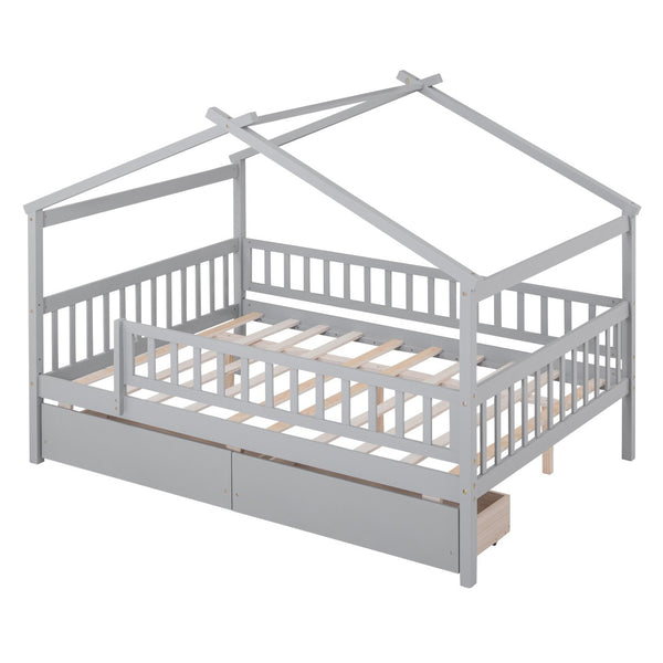 HomeRoots Gray Wood Full Canopy Bed Frame with Under-Bed Drawers for Modern Style and Smart Storage Solutions 602051
