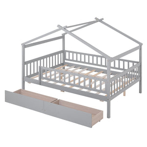 HomeRoots Gray Wood Full Canopy Bed Frame with Under-Bed Drawers for Modern Style and Smart Storage Solutions 602051