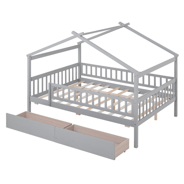 HomeRoots Gray Wood Full Canopy Bed Frame with Under-Bed Drawers for Modern Style and Smart Storage Solutions 602051