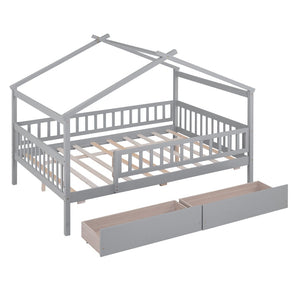 HomeRoots Gray Wood Full Canopy Bed Frame with Under-Bed Drawers for Modern Style and Smart Storage Solutions 602051