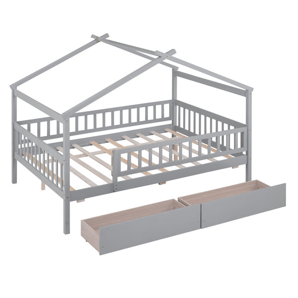 HomeRoots Gray Wood Full Canopy Bed Frame with Under-Bed Drawers for Modern Style and Smart Storage Solutions 602051