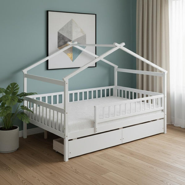 HomeRoots White Wood Full Canopy Bed Frame with Built-In Drawers for Stylish Storage & Modern Comfort 602052