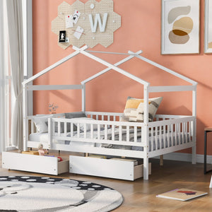 HomeRoots White Wood Full Canopy Bed Frame with Built-In Drawers for Stylish Storage & Modern Comfort 602052