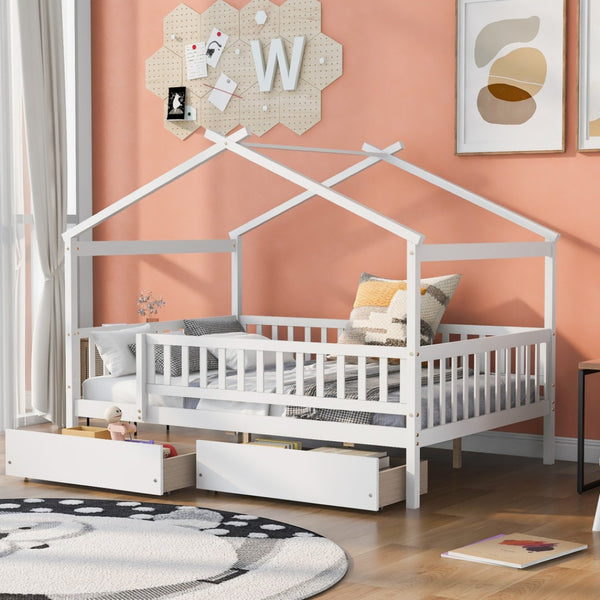 HomeRoots White Wood Full Canopy Bed Frame with Built-In Drawers for Stylish Storage & Modern Comfort 602052