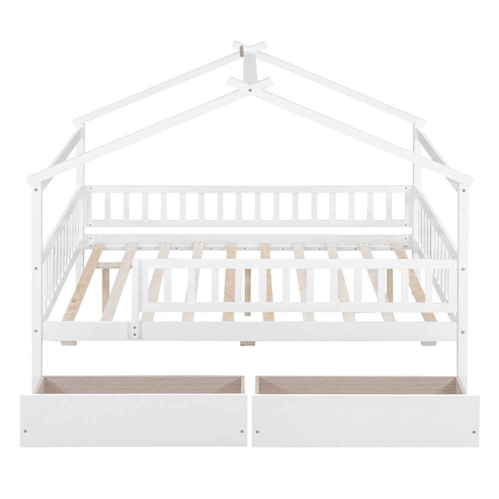 HomeRoots White Wood Full Canopy Bed Frame with Built-In Drawers for Stylish Storage & Modern Comfort 602052