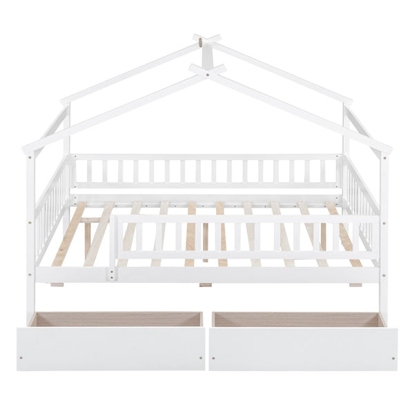 HomeRoots White Wood Full Canopy Bed Frame with Built-In Drawers for Stylish Storage & Modern Comfort 602052