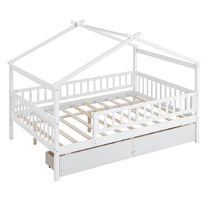 HomeRoots White Wood Full Canopy Bed Frame with Built-In Drawers for Stylish Storage & Modern Comfort 602052