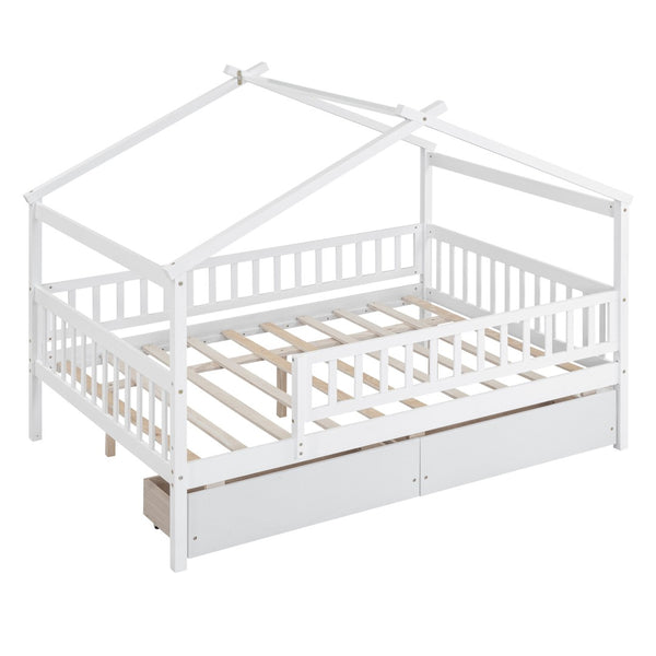 HomeRoots White Wood Full Canopy Bed Frame with Built-In Drawers for Stylish Storage & Modern Comfort 602052