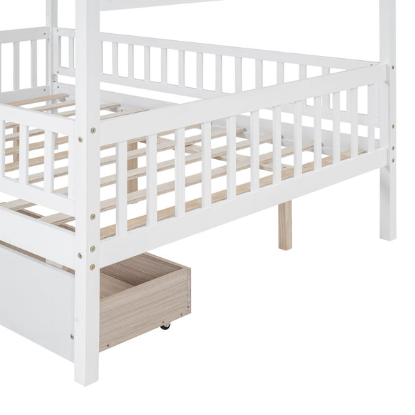 HomeRoots White Wood Full Canopy Bed Frame with Built-In Drawers for Stylish Storage & Modern Comfort 602052