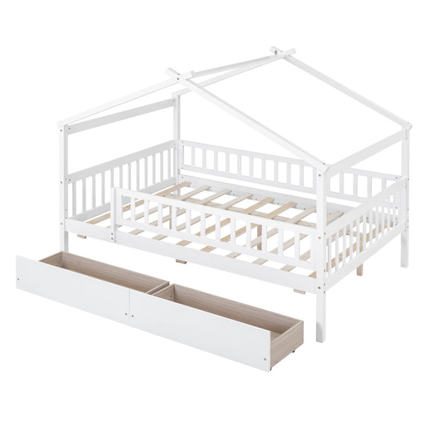 HomeRoots White Wood Full Canopy Bed Frame with Built-In Drawers for Stylish Storage & Modern Comfort 602052