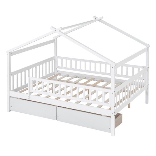 HomeRoots White Wood Full Canopy Bed Frame with Built-In Drawers for Stylish Storage & Modern Comfort 602052