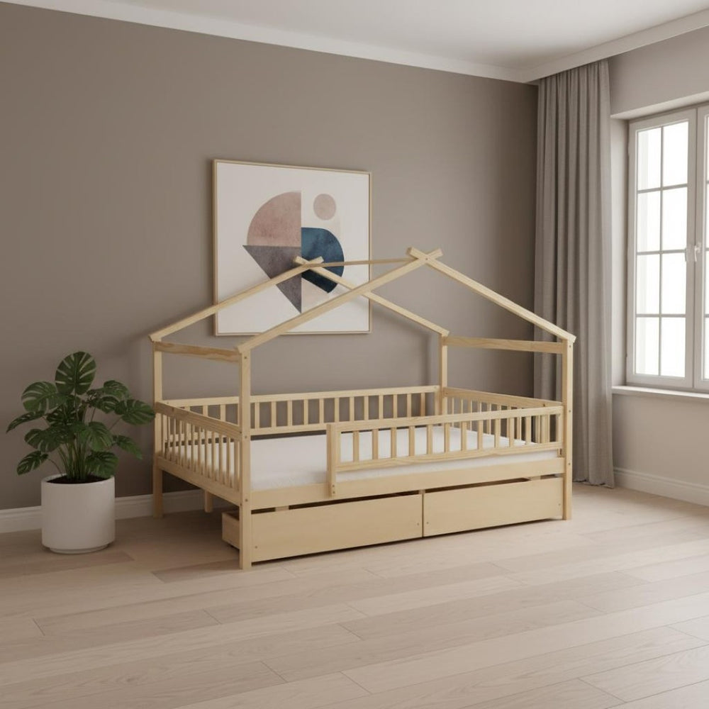 HomeRoots Natural Wood Full Canopy Bed Frame with Under-Bed Storage Drawers for Stylish Bedroom Organization 602053