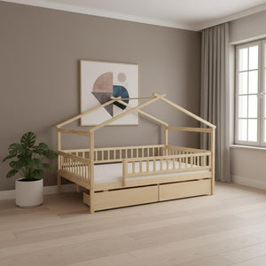 HomeRoots Natural Wood Full Canopy Bed Frame with Under-Bed Storage Drawers for Stylish Bedroom Organization 602053