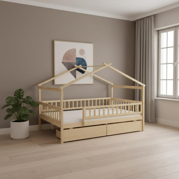 HomeRoots Natural Wood Full Canopy Bed Frame with Under-Bed Storage Drawers for Stylish Bedroom Organization 602053