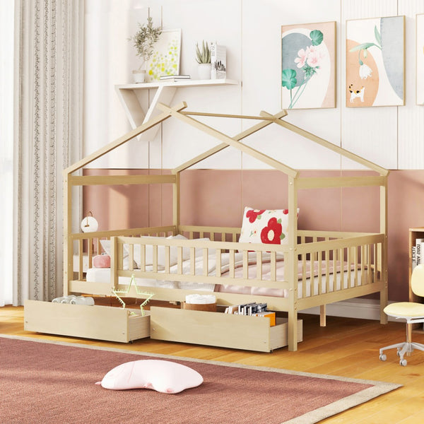HomeRoots Natural Wood Full Canopy Bed Frame with Under-Bed Storage Drawers for Stylish Bedroom Organization 602053