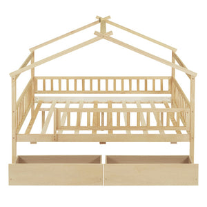 HomeRoots Natural Wood Full Canopy Bed Frame with Under-Bed Storage Drawers for Stylish Bedroom Organization 602053