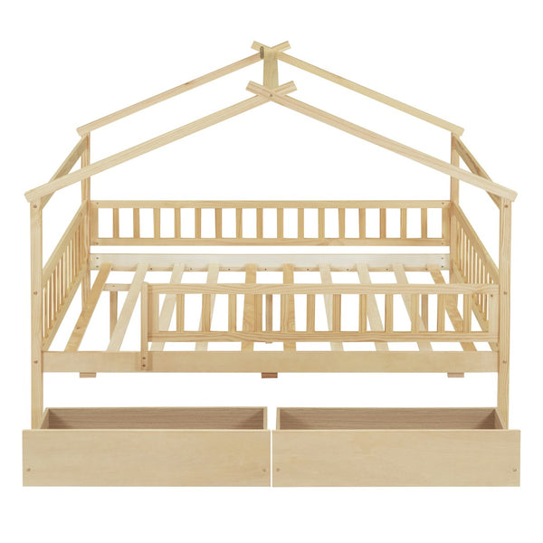 HomeRoots Natural Wood Full Canopy Bed Frame with Under-Bed Storage Drawers for Stylish Bedroom Organization 602053