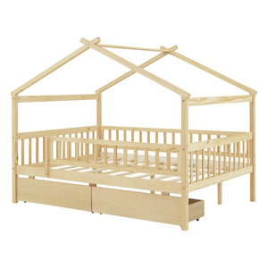 HomeRoots Natural Wood Full Canopy Bed Frame with Under-Bed Storage Drawers for Stylish Bedroom Organization 602053