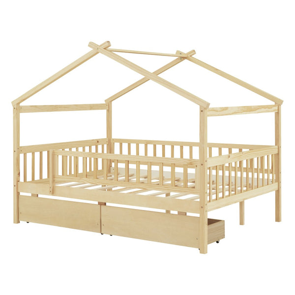HomeRoots Natural Wood Full Canopy Bed Frame with Under-Bed Storage Drawers for Stylish Bedroom Organization 602053
