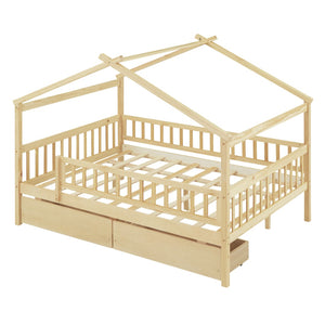 HomeRoots Natural Wood Full Canopy Bed Frame with Under-Bed Storage Drawers for Stylish Bedroom Organization 602053