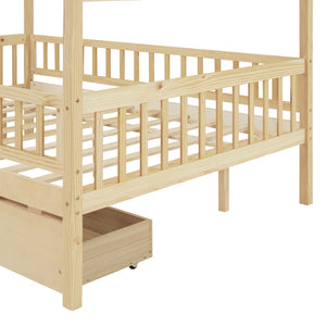 HomeRoots Natural Wood Full Canopy Bed Frame with Under-Bed Storage Drawers for Stylish Bedroom Organization 602053