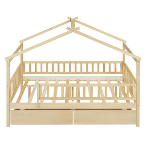 HomeRoots Natural Wood Full Canopy Bed Frame with Under-Bed Storage Drawers for Stylish Bedroom Organization 602053