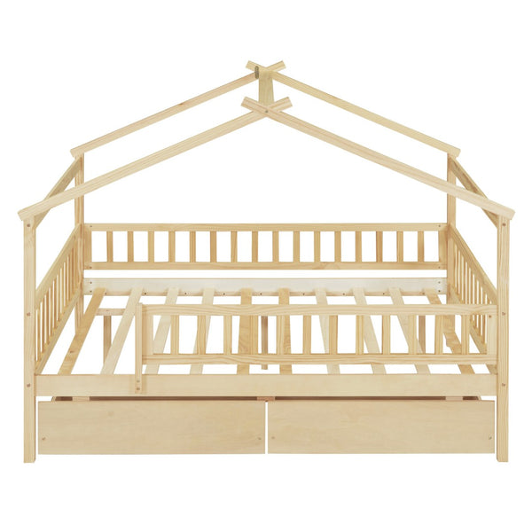 HomeRoots Natural Wood Full Canopy Bed Frame with Under-Bed Storage Drawers for Stylish Bedroom Organization 602053
