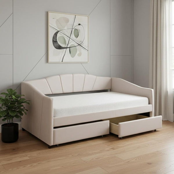 HomeRoots Beige Upholstered Twin Bed Frame with Built-In Storage Drawers for Stylish Space-Saving Solutions 602054