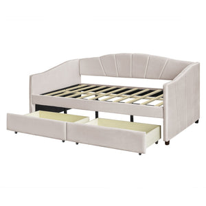HomeRoots Beige Upholstered Twin Bed Frame with Built-In Storage Drawers for Stylish Space-Saving Solutions 602054