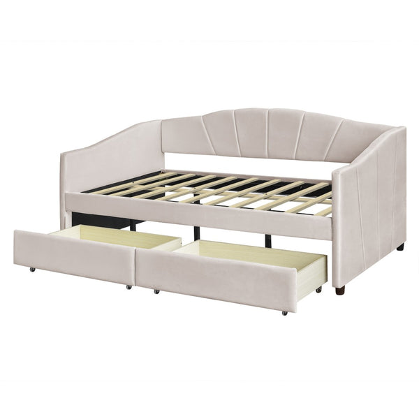 HomeRoots Beige Upholstered Twin Bed Frame with Built-In Storage Drawers for Stylish Space-Saving Solutions 602054