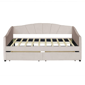 HomeRoots Beige Upholstered Twin Bed Frame with Built-In Storage Drawers for Stylish Space-Saving Solutions 602054