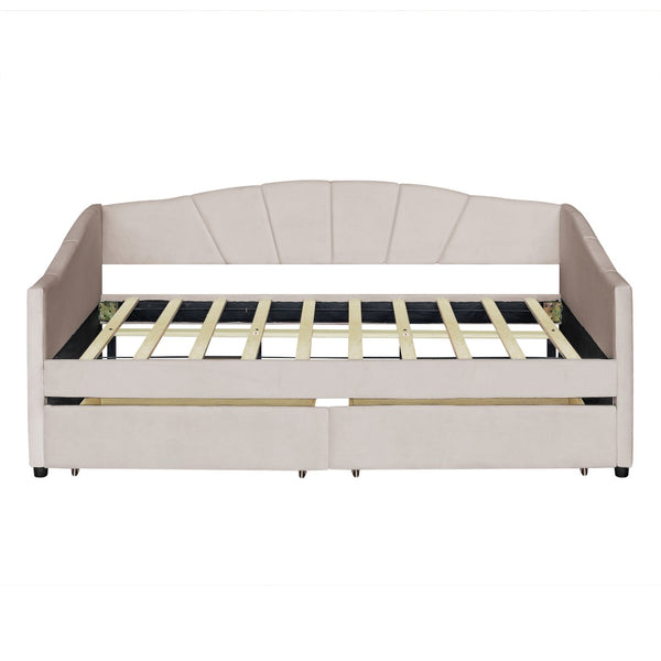 HomeRoots Beige Upholstered Twin Bed Frame with Built-In Storage Drawers for Stylish Space-Saving Solutions 602054