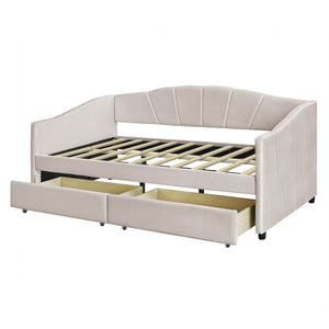 HomeRoots Beige Upholstered Twin Bed Frame with Built-In Storage Drawers for Stylish Space-Saving Solutions 602054