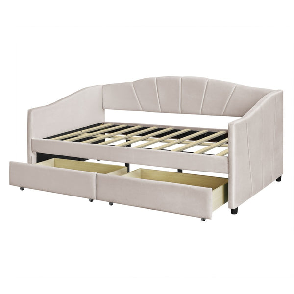 HomeRoots Beige Upholstered Twin Bed Frame with Built-In Storage Drawers for Stylish Space-Saving Solutions 602054