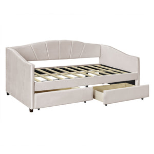 HomeRoots Beige Upholstered Twin Bed Frame with Built-In Storage Drawers for Stylish Space-Saving Solutions 602054
