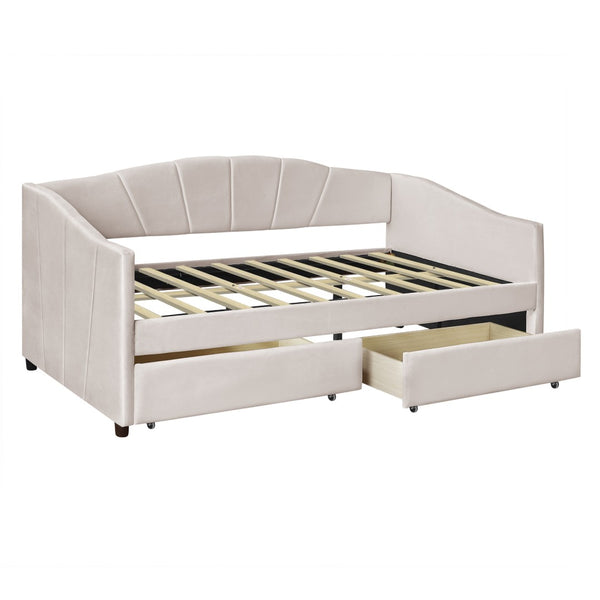 HomeRoots Beige Upholstered Twin Bed Frame with Built-In Storage Drawers for Stylish Space-Saving Solutions 602054