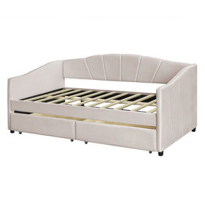 HomeRoots Beige Upholstered Twin Bed Frame with Built-In Storage Drawers for Stylish Space-Saving Solutions 602054
