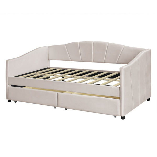 HomeRoots Beige Upholstered Twin Bed Frame with Built-In Storage Drawers for Stylish Space-Saving Solutions 602054