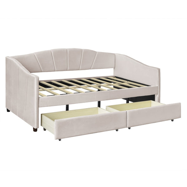 HomeRoots Beige Upholstered Twin Bed Frame with Built-In Storage Drawers for Stylish Space-Saving Solutions 602054