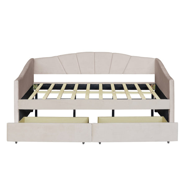 HomeRoots Beige Upholstered Twin Bed Frame with Built-In Storage Drawers for Stylish Space-Saving Solutions 602054