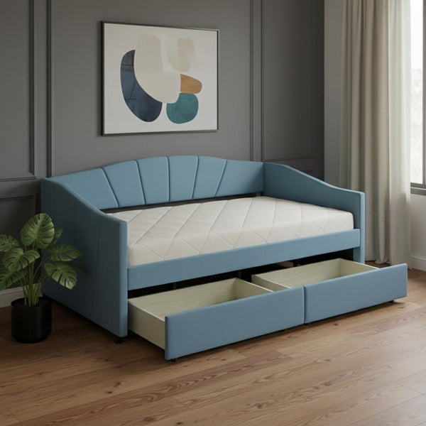 HomeRoots Blue Upholstered Twin Bed Frame with Underbed Drawers – Modern Comfort Meets Smart Storage Solutions 602055