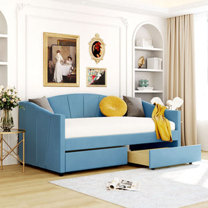 HomeRoots Blue Upholstered Twin Bed Frame with Underbed Drawers – Modern Comfort Meets Smart Storage Solutions 602055