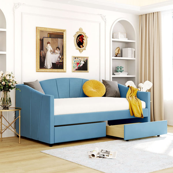 HomeRoots Blue Upholstered Twin Bed Frame with Underbed Drawers – Modern Comfort Meets Smart Storage Solutions 602055