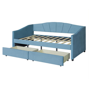 HomeRoots Blue Upholstered Twin Bed Frame with Underbed Drawers – Modern Comfort Meets Smart Storage Solutions 602055